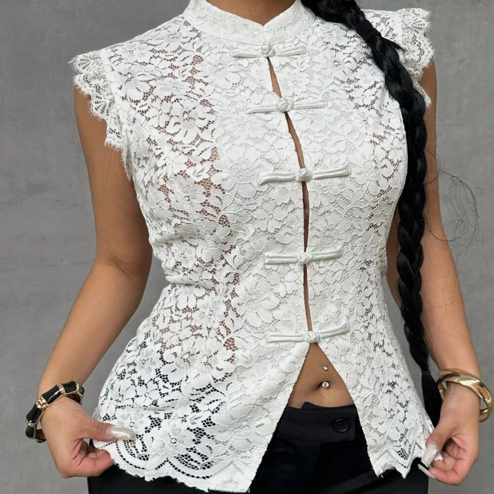 White Elegant Women's Plus Size Lace Button Collar Fitted Blouse - Picture 6 of 8